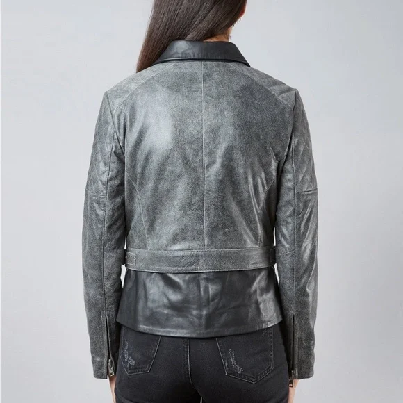 Muubaa Crackle Black Lamb Leather Biker Motorcycle Jacket Quilted Zip Up 6 - Picture 5 of 16